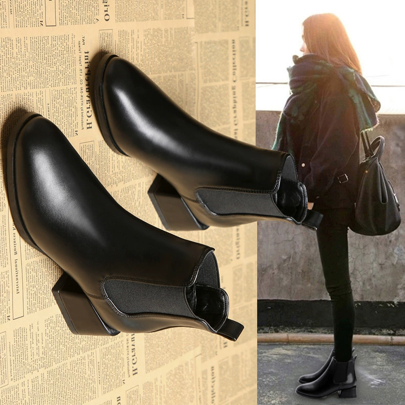 New Autumn Winter Chelsea Boots for Women Thick Sole British Martin Elastic Chunky Black