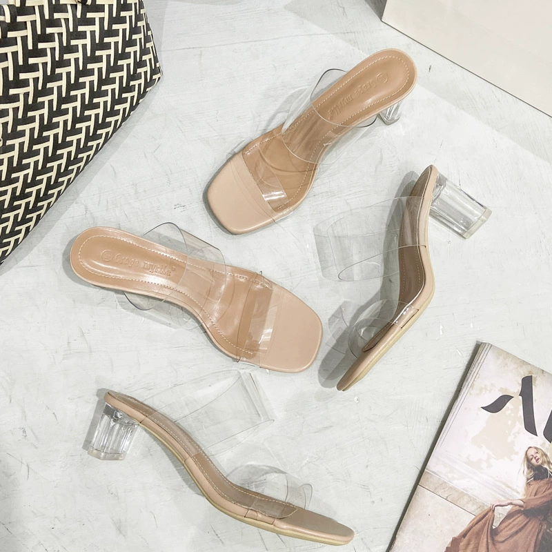 Sandalias Una Tira Tacón Alto para Mujer Nuevo Verano Tacón Grueso Cristal Chanclas Suela Gruesa