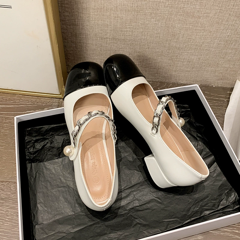 Sapatilhas Pérola Mulheres Retro Chanel Mary Jane Salto Grosso Couro Cross-Border Quente