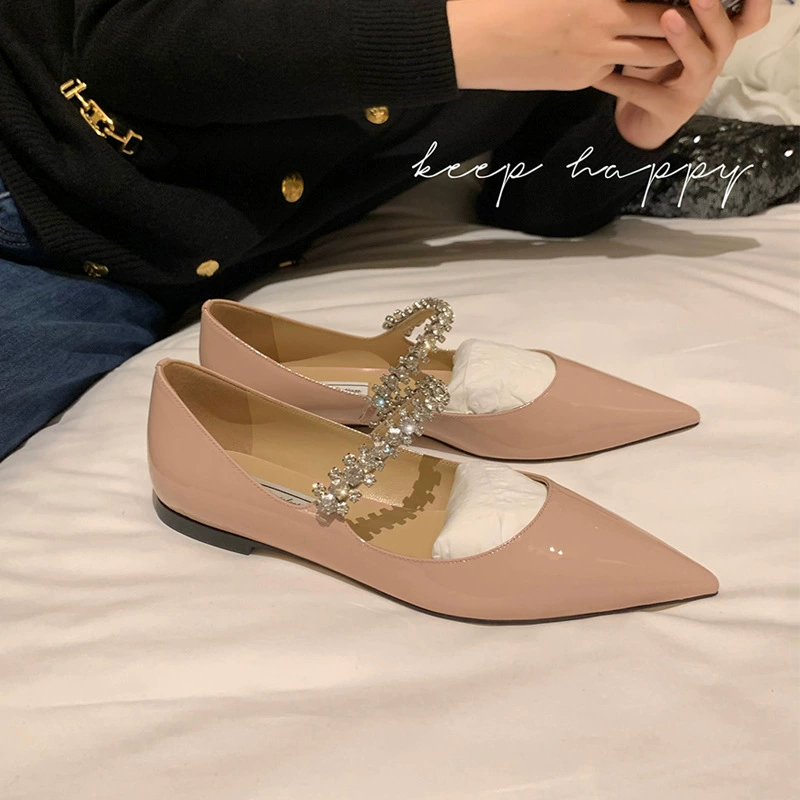 Sapatos Planos Rosa Nude para Mulheres Novo Verão Coreano Pontiagudo Cristal Fada Sola Macia Barco