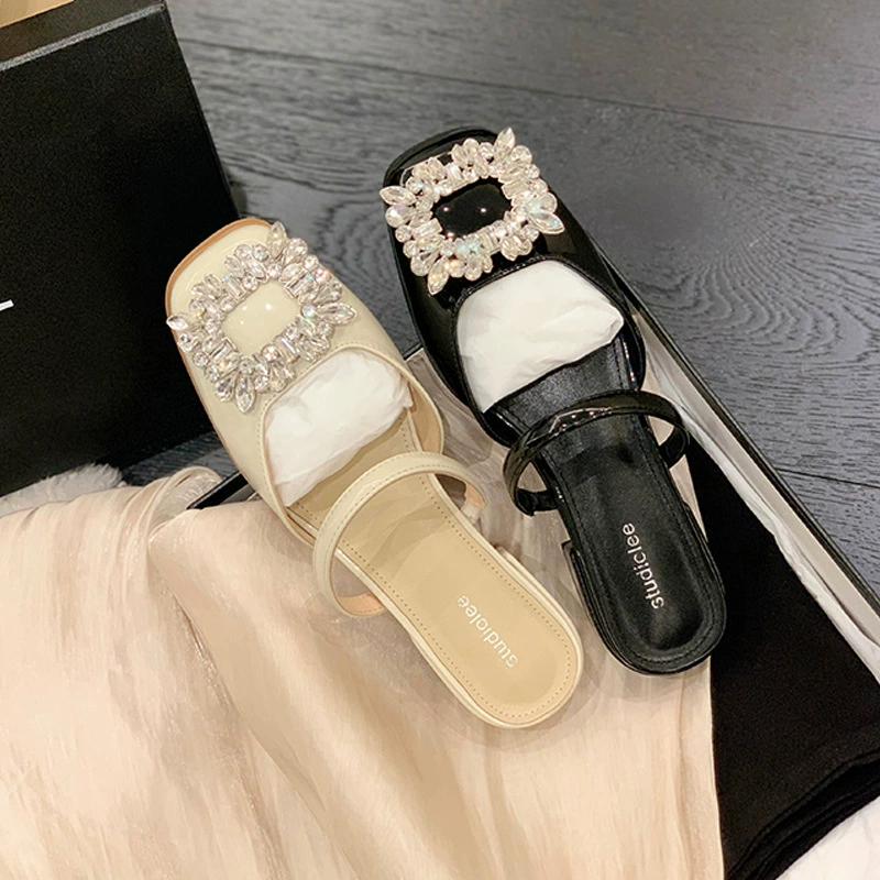 Nuevo Verano Hebilla Cristal Cuadrado Cerrado Punta Tacón Grueso Media Zapatillas para Mujer Sin Espalda