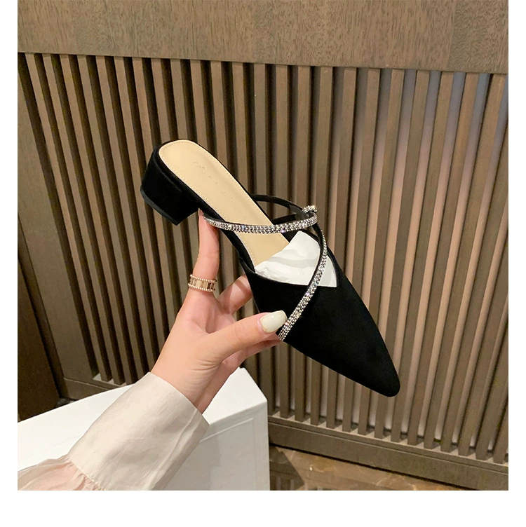 Nuevo Francés Elegante Punta Afilada Tira Cristal Deslizante Tacón Grueso Media Zapatillas para Mujer Mulas