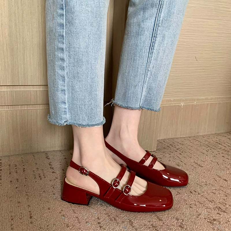 Nuevo Verano Sin Espalda Cerrado Punta Sandalias Francés Retro Cuadrado Doble Hebilla Mary Jane