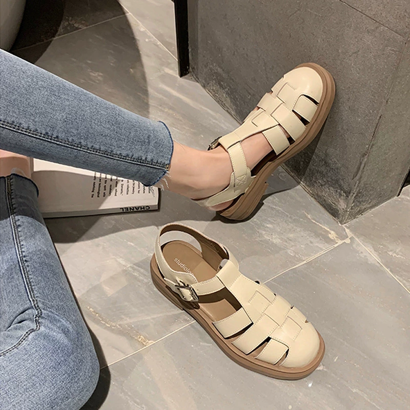 Nuevo Verano Sandalias Romanas Retro Tejidas Cerradas Punta Tacón Grueso Suela Gruesa Planas Mujer