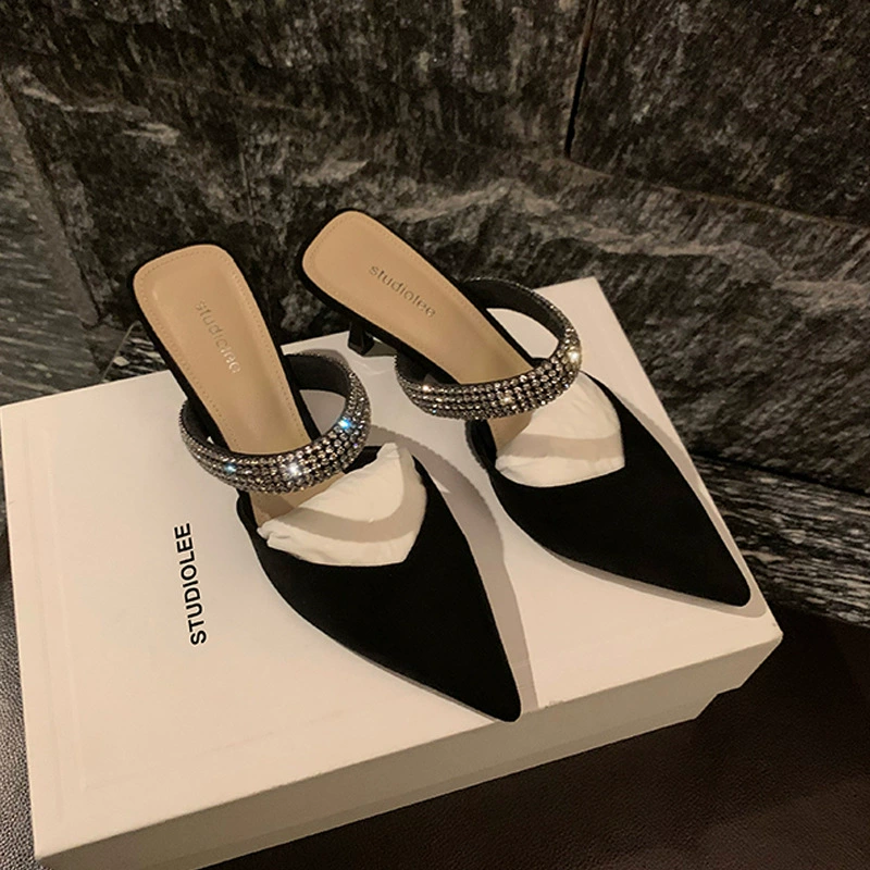 Nuevo Una Tira Cristal V-Corte Punta Afilada Tacón Alto Sandalias Negro Sexy Cerradas Media Mujer 755-2