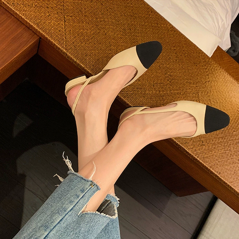 Nuevo Estilo Francés Bloque de Color Espalda Abierta Punta Redonda Tacón Bajo Sandalias para Mujer