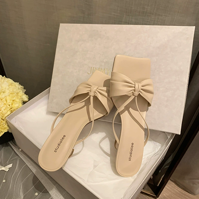 Nuevas Sandalias Planas de Una Tira con Lazo Francés, Punta Cuadrada para Mujer, Verano Exterior