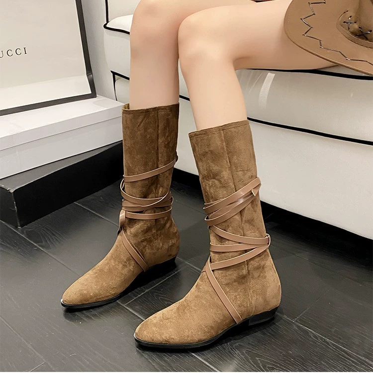 Botas Stack Personalizadas 2024, Bico Fino, Tira, Cano Médio, Salto Grosso, Vintage