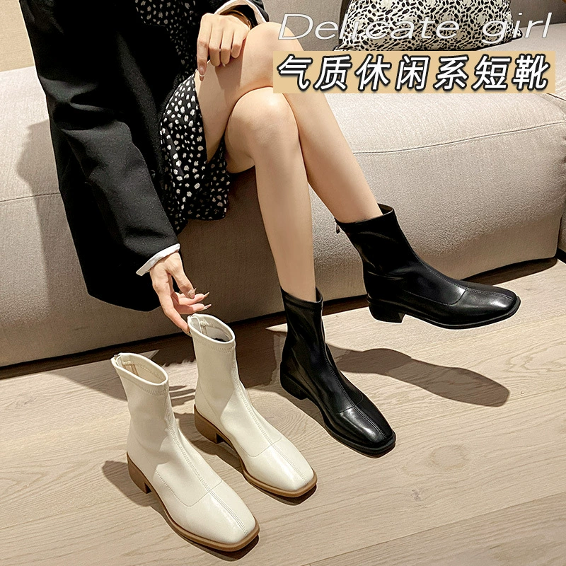 New Autumn Winter Ins Elastic Slim Boots Chunky Heel Square Toe Back Zip Ankle Boots