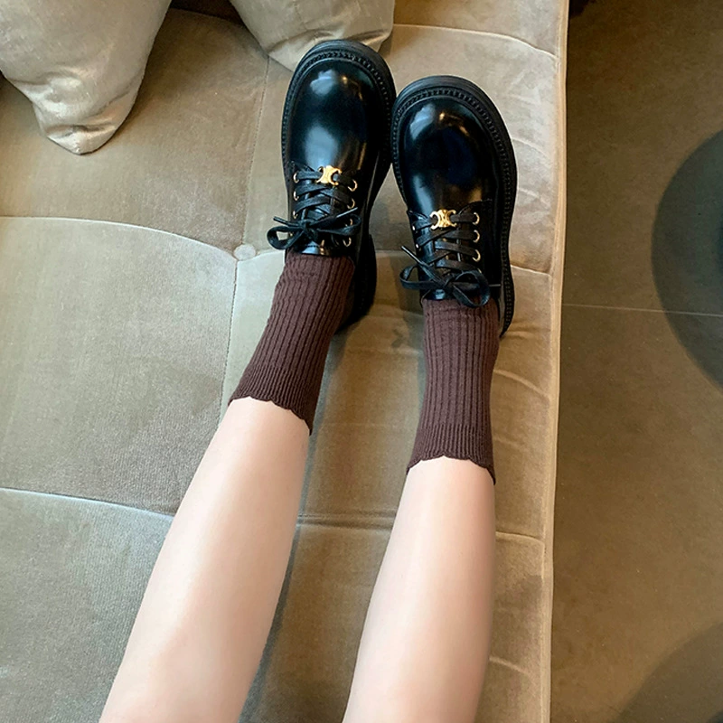 New Spring Genuine Leather Loafers Japanese School Lace Up Metal Round Toe Thick Sole Chunky Heel