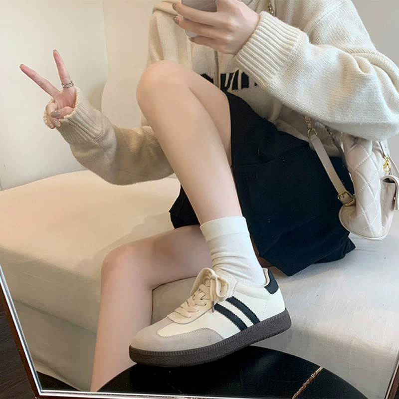New Vintage Round Toe Color Block Thick Sole Casual Sneakers German Shoes Women Autumn Winter