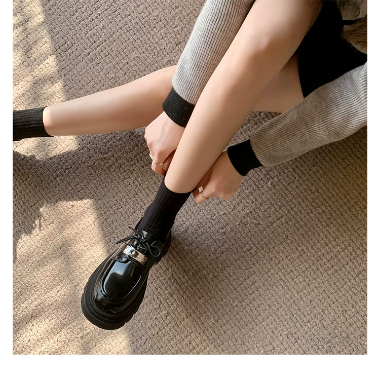 Genuine Leather Loafers Women Spring Autumn Lace Up Thick Sole Platform British Black Shoes 827