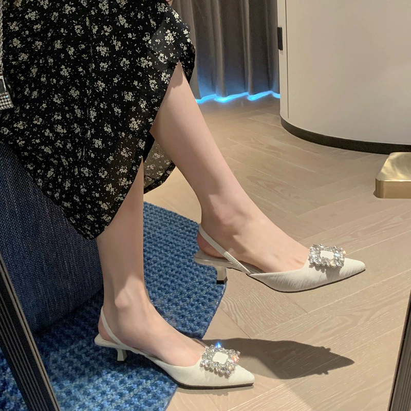 Nuevas Sandalias de Tacón Alto de Verano, Estilo Mago de Oz, Hebilla Cuadrada, Pedrería, Punta Afilada, Espalda Abierta