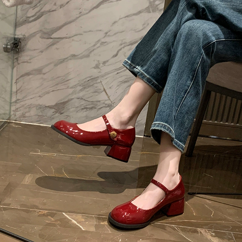 New Spring French High Heel Fairy Chunky Heel Mary Jane Shoes JK Women Vintage Chunky Heel Flats