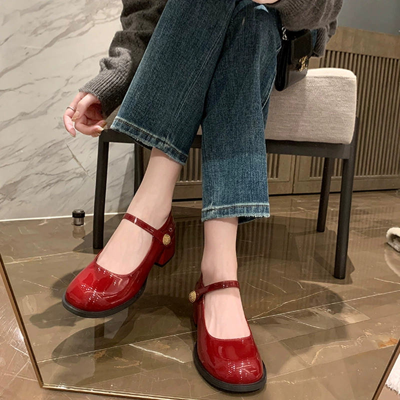 Selected Spring Chunky Heel Flats Vintage Simple Round Toe One Strap High Heels JK Mary Jane