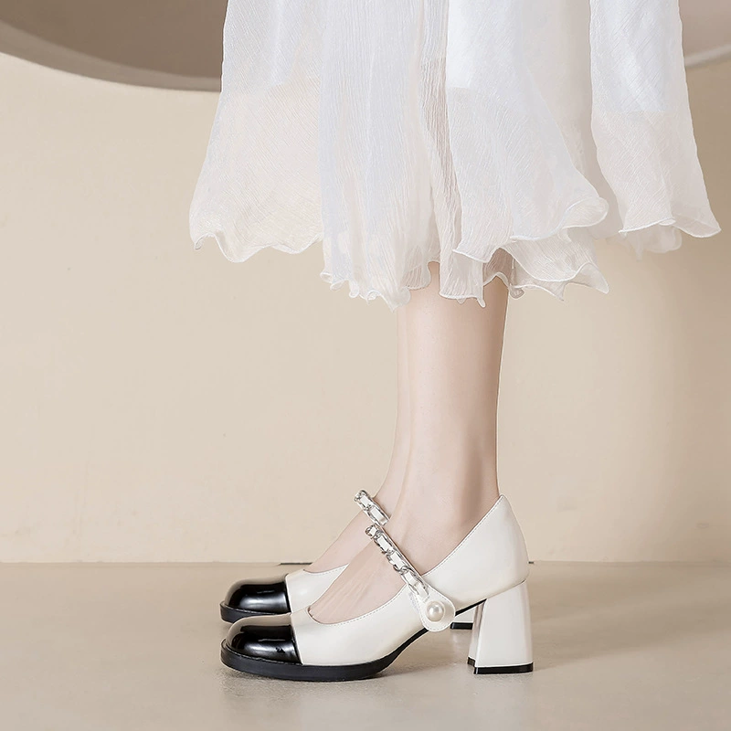 Chunky Heel Mary Jane Shoes Chanel Color Block Patent Leather Pearl Heels Women Mary Jane Shoes