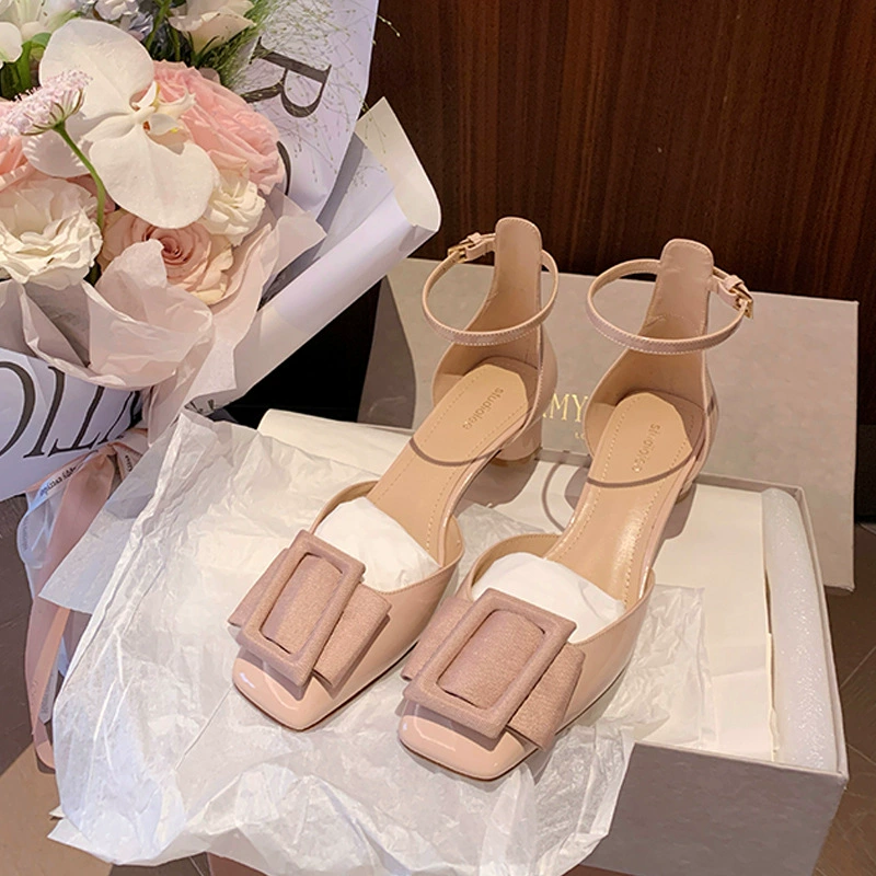 Nuevas Sandalias de Verano, Punta Cuadrada, Una Tira, Tacón Alto, Punta Abierta, Mujer, Hebilla Inclinada, Tacón Grueso
