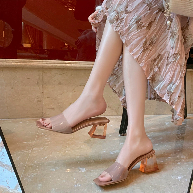 Nuevas Sandalias de Verano, Punta Cuadrada, Pedrería, PVC Transparente, Cristal, Tacón Grueso, Mujer, Exterior