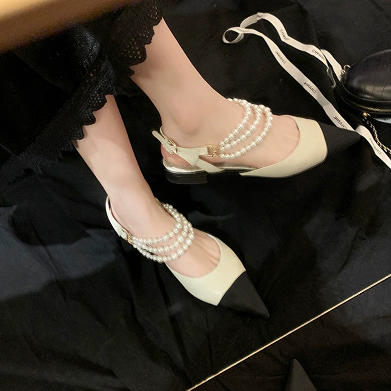 New Pearl Chain Color Block Chunky Heel Open Toe Flats One Strap Buckle Pointed Women Shoes 360-8