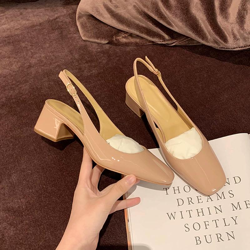 Nuevas sandalias de tacón alto de verano para mujer, estilo francés, commute, punta cerrada, correa trasera, tacón grueso