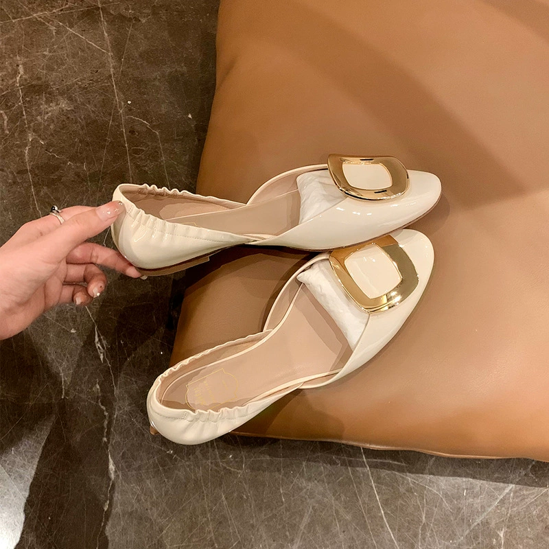 French Ballet Patent Leather Flat Shoes Women Metal Square Buckle Pleated Hollow Flat Egg Roll Shoes