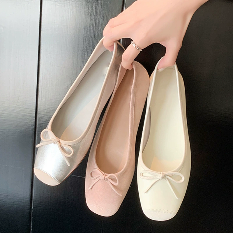 2026 Summer Round Toe Shallow Mouth Flat Shoes Sweet Bow Ballet Shoes Grandma Shoes Women