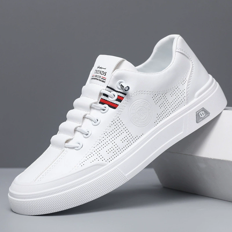 Export Men's Shoes Summer Hollow Casual Board Shoes, Leather Soft Sole Breathable, Height Increase White Sneakers