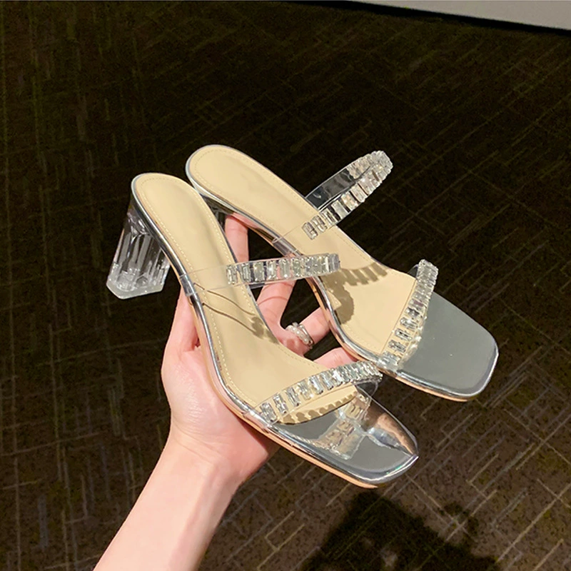Sommer Neue Fee Quadratische Spitze Einzelriemen Strass PVC Transparent Blockabsatz Sandalen Damen Kristallabsatz