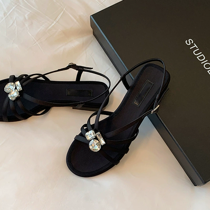 Neue Sommer Mode Französisch Elegant Retro Edelstein Schnalle Dünne Riemen Keilabsatz Offene Zehen Sandalen Damen
