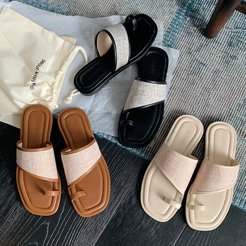 New Summer Square Toe Clip Toe Woven Straw Patchwork Flat Slippers Women