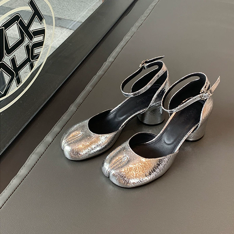 New Mary Jane High Heel Shoes Women Chunky Heel Silver Round Toe Shallow Mouth Split Toe Hoof Shoes