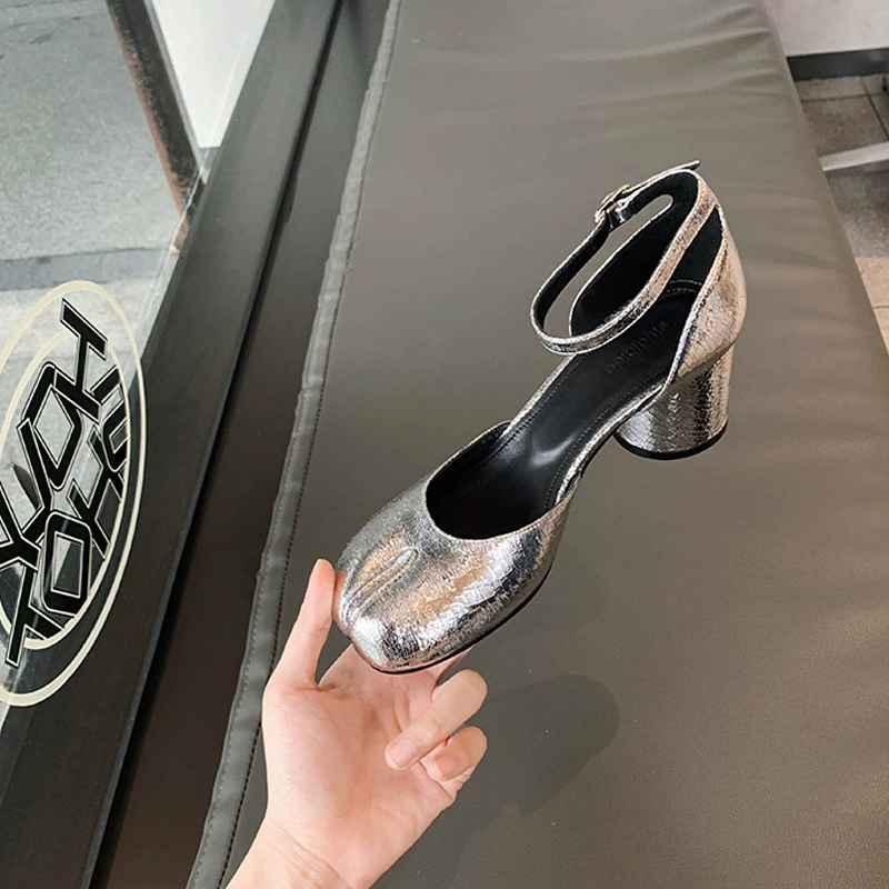 Soft Leather Mary Jane High Heel Shoes Women Chunky Heel Silver Round Toe Shallow Mouth Split Toe Hoof Shoes