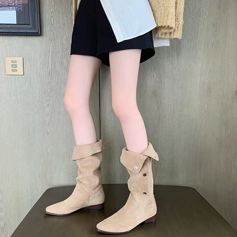 New Fall Winter Hot Girl Turn Down Collar Pleated Stacked Boots Pointed Toe Mid Calf Western Cowboy Boots Women