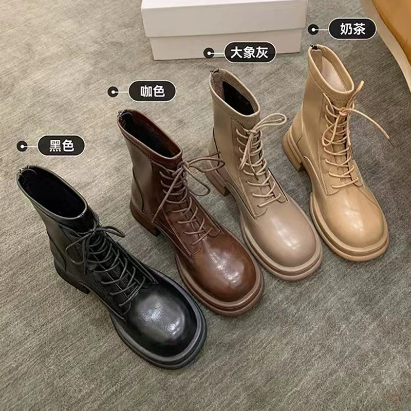 Round Toe Fall Winter Korean Slim Chunky Heel Short Boots Women Height Increase Lace Up Martin Boots Thick Sole