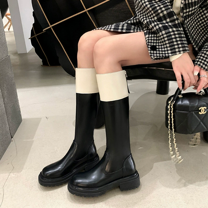 2026 Fall Winter New Color Block Round Toe Thick Sole Knight Boots Back Zipper High Top Boots Women
