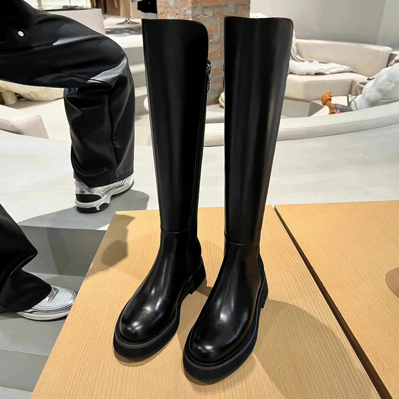 New Fall Winter Thick Sole Petite Long Boots Stretch Knight Boots Women Genuine Leather High Top Boots