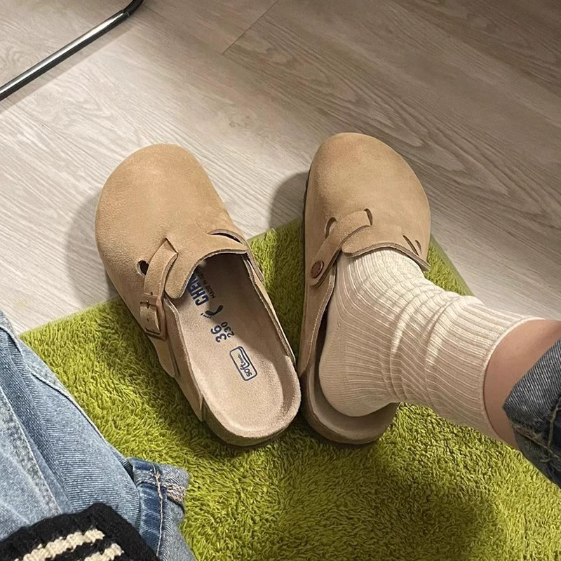 Open Toe Slippers Women New Fall Winter Cowhide Vintage Mules Flat Casual Genuine Leather Clogs