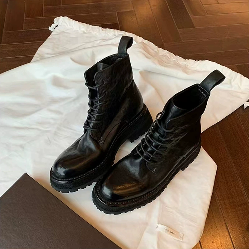 Same Style Fall Winter Short Boots Washed Shrunken Horsehide Round Toe British Lace Up Platform Martin Boots Women