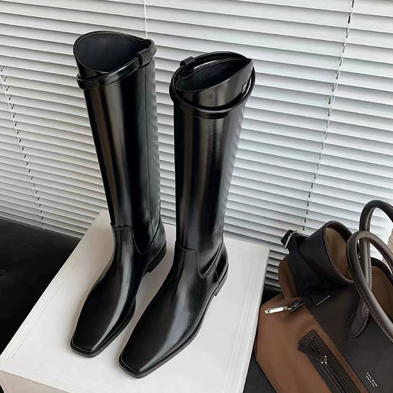 New Fall Winter Korean Slim Belt Buckle Knee High Boots Chunky Heel Platform Height Increase Riding Boots Women