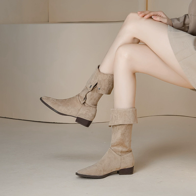 New Same Style Western Cowboy Boots Women Niche Design Square Toe Folded Stack Boots Vintage Riding Boots