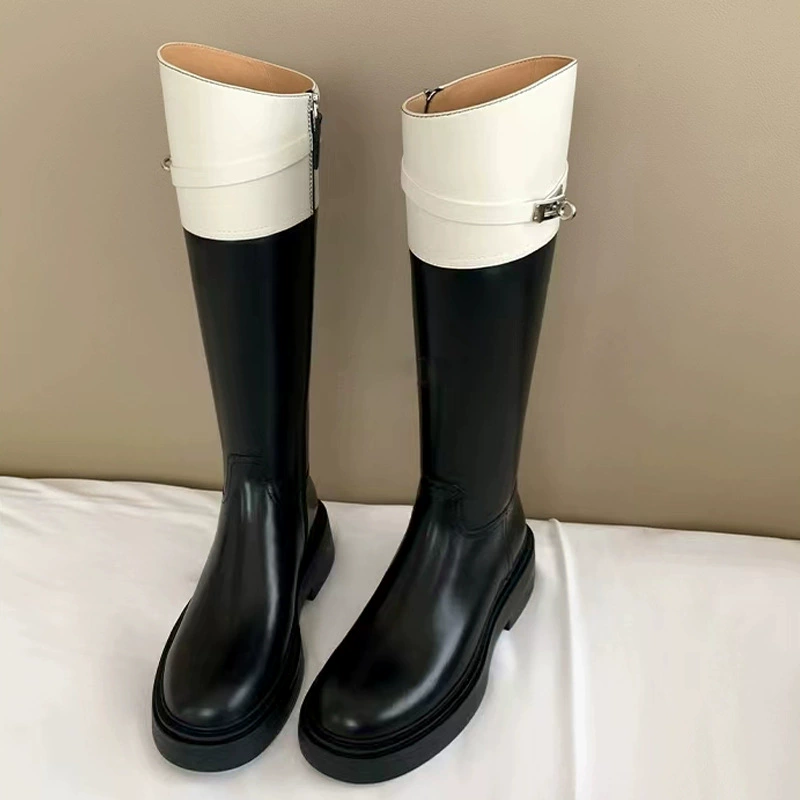 Platform Lock Buckle Knee High Boots 2023 Fall Winter New Round Toe Color Block High Top Riding Boots Women