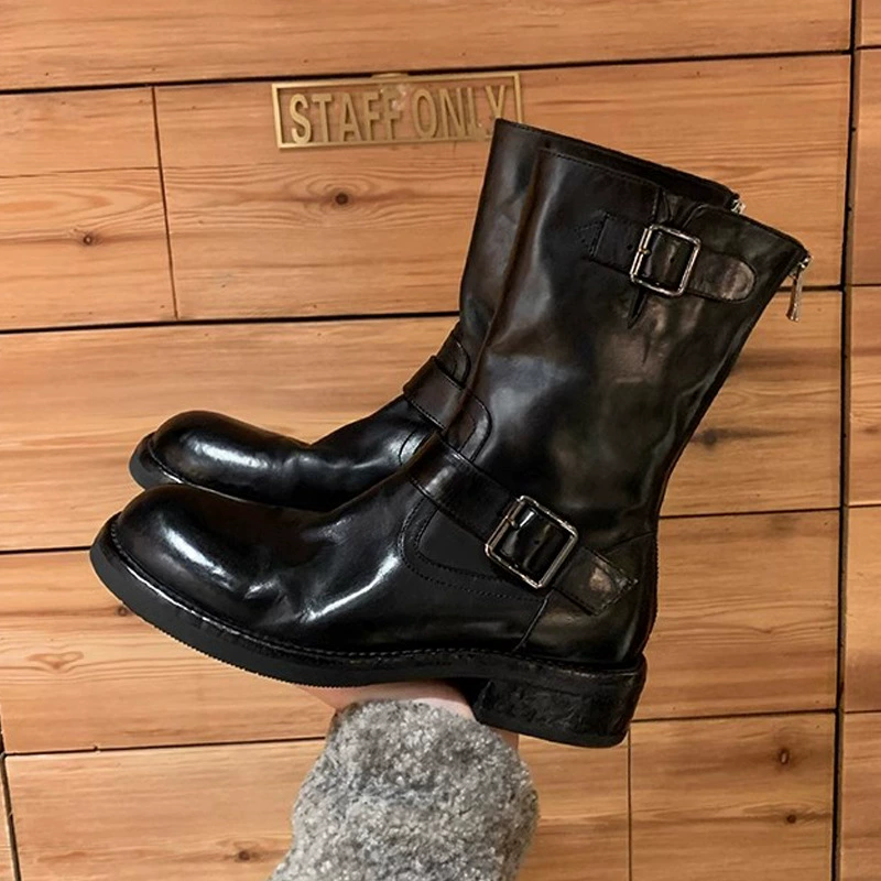 New Fall Winter Fashion Buckle Design Martin Boots Round Toe Chunky Heel Height Increase Slim Short Boots Women
