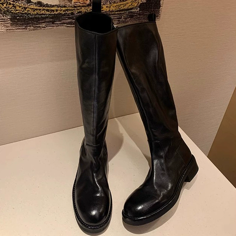 New Inside Out Washed Horsehide Chunky Heel Platform High Top Boots Side Zipper Simple Slim Riding Boots Women