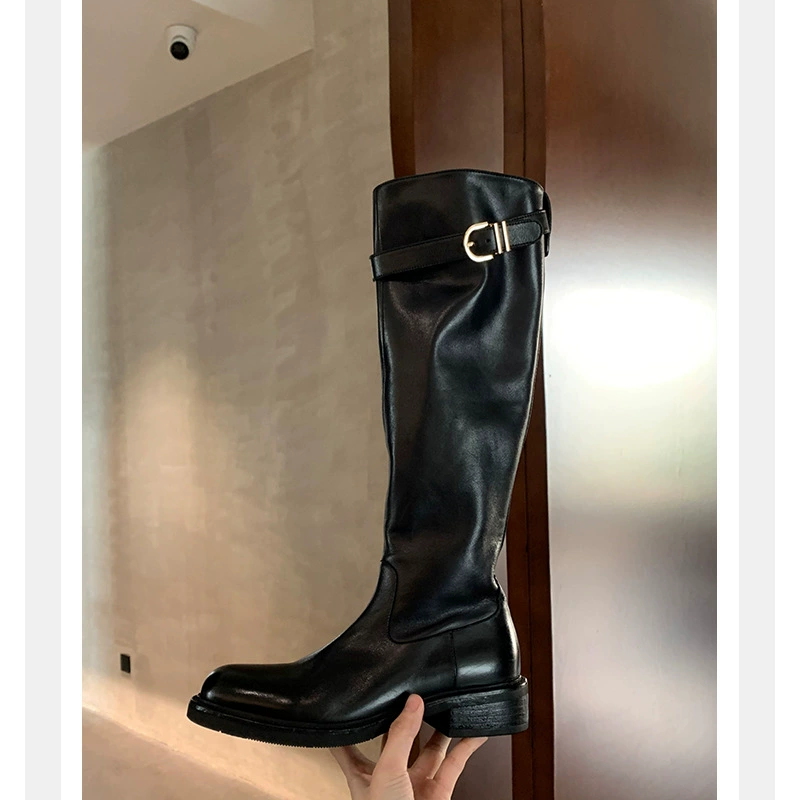 New Fall Winter High Top Boots Women Washed Horsehide Round Toe Belt Buckle Chunky Heel Platform Knee High Riding Boots