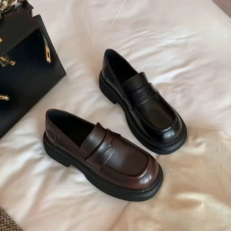 2026 Spring New British Vintage Burnished Color Platform Slip On Loafers Women Leather Shoes