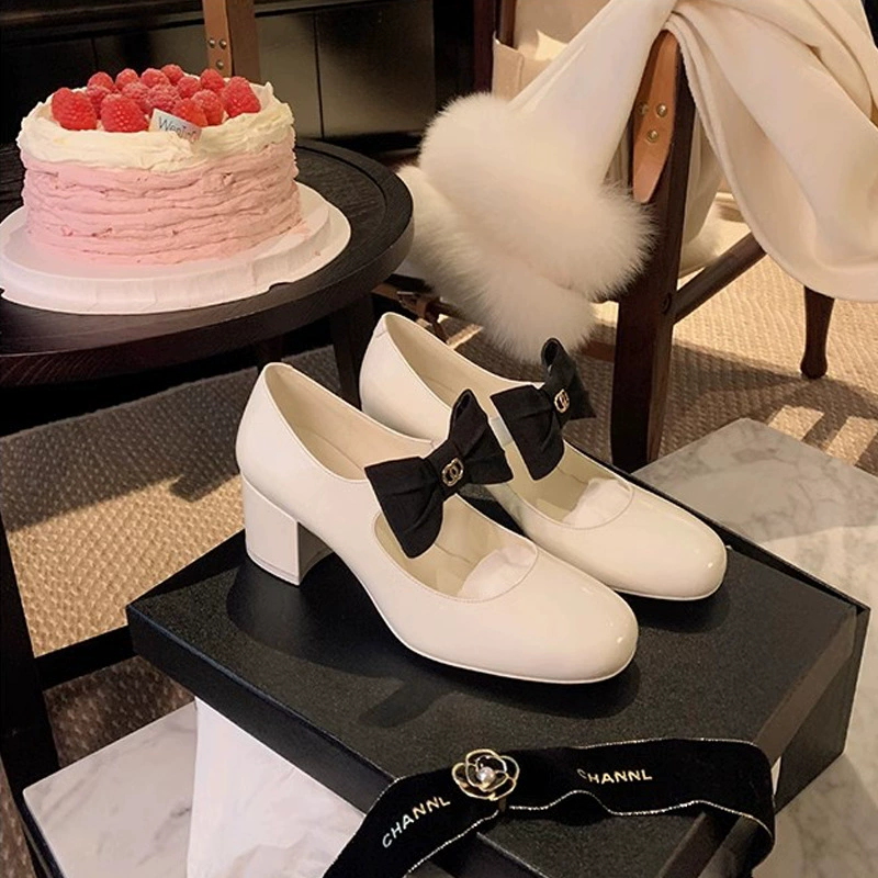 New Princess Madeleine French Bowknot Round Toe Chunky Heel Chanel Style Mary Jane Leather Shoes Women