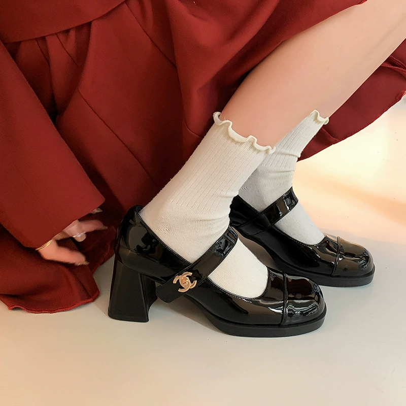 Christmas Prelude New Spring New Chanel Style Buckle Chunky Heel Mary Jane Flat Shoes Women High Heel Mid Heel