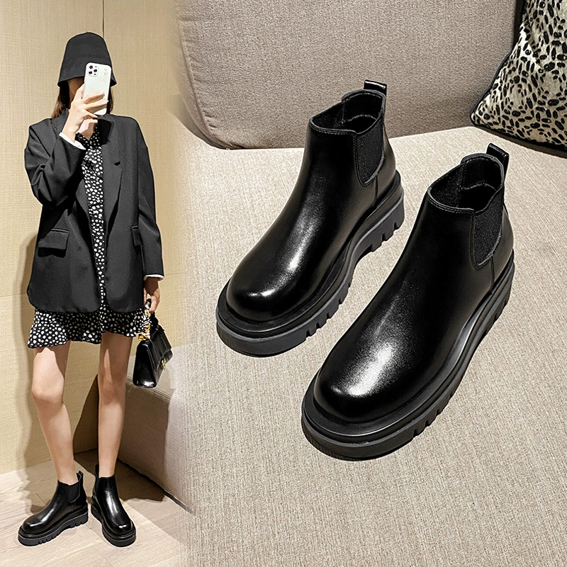 Chelsea Short Boots Women New Fall Winter Platform Genuine Leather Tube Boots Versatile Height Increase Short Boots Slim