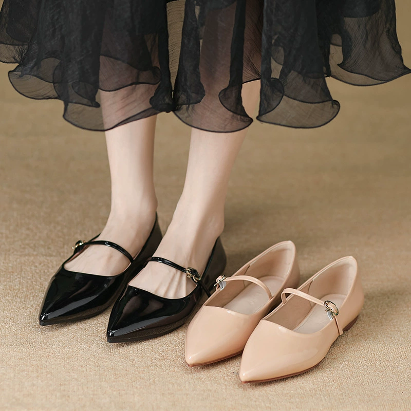 Women's Pointed Toe Patent Leather Flats with Ankle Strap, Spring Low Heel Shoes