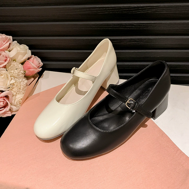 Women's Round Toe Mary Jane Pumps with Chunky Heel, Office Wear, Korean Style